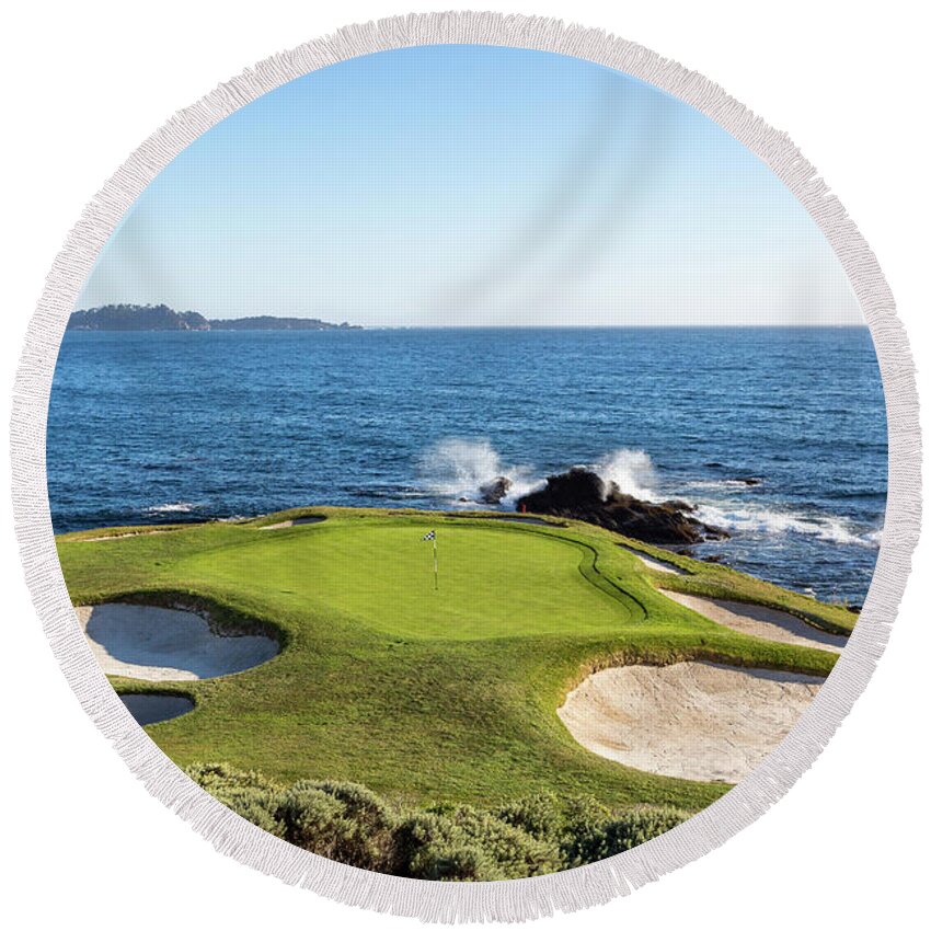 Pebble Beach Golf Course Round Beach Towel featuring the photograph Par 3, 7th Hole at Pebble Beach by Mike Centioli