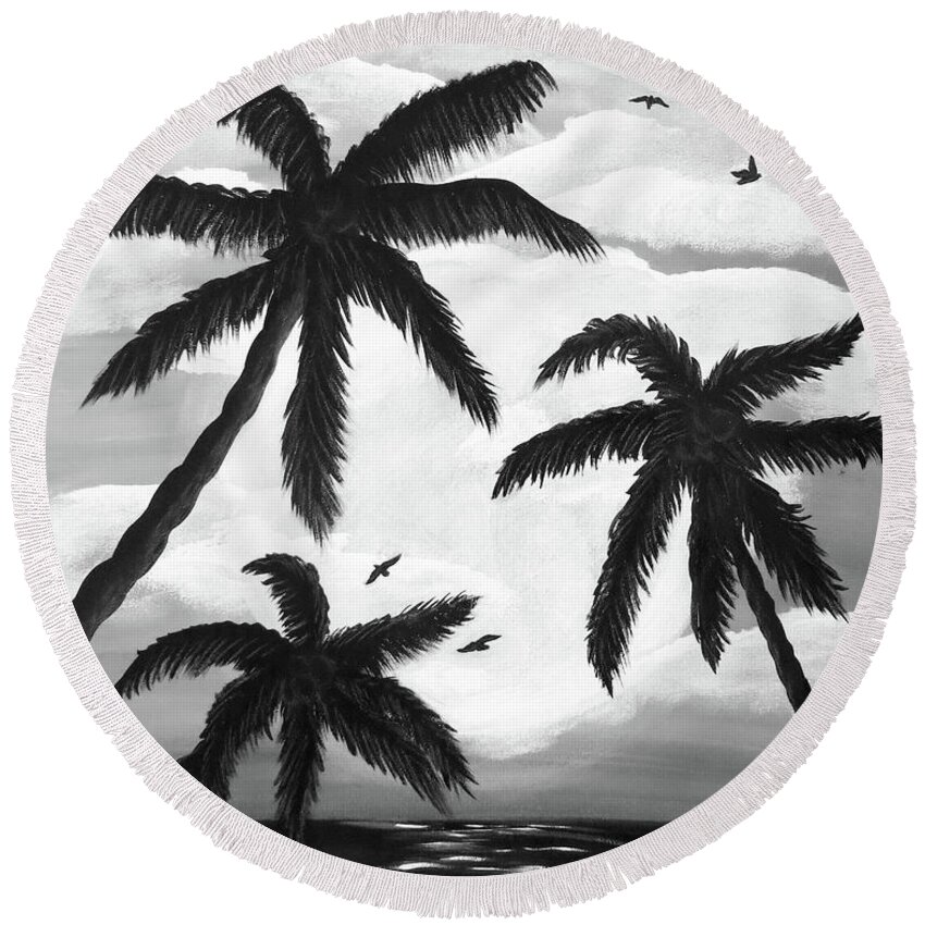 Acrylic Round Beach Towel featuring the painting Paradise in Black and White by Teresa Wing