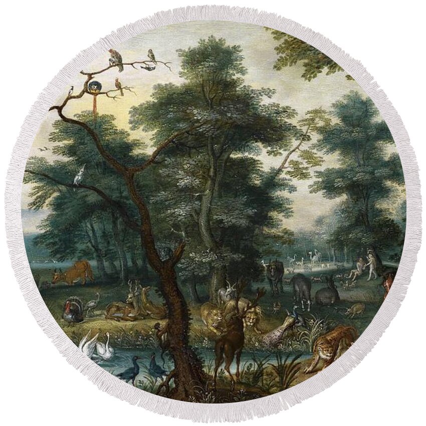 Jan Brueghel The Younger Round Beach Towel featuring the painting Paradise landscape with the Fall by Jan Brueghel the Younger