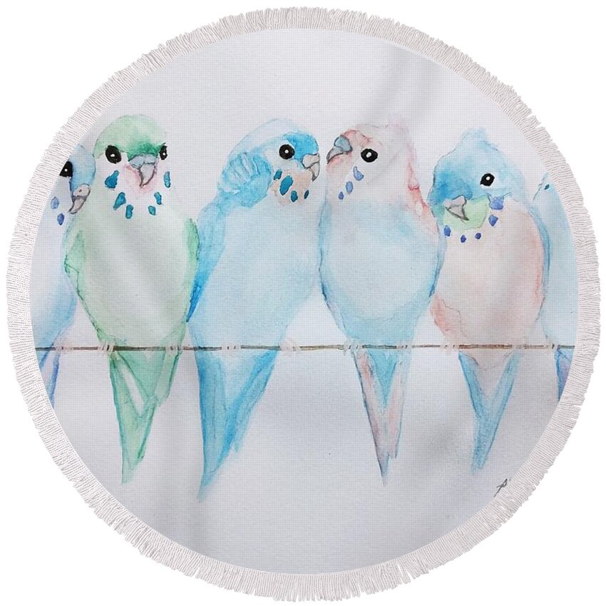 Parakeet Round Beach Towel featuring the painting Parakeets by Edwin Alverio