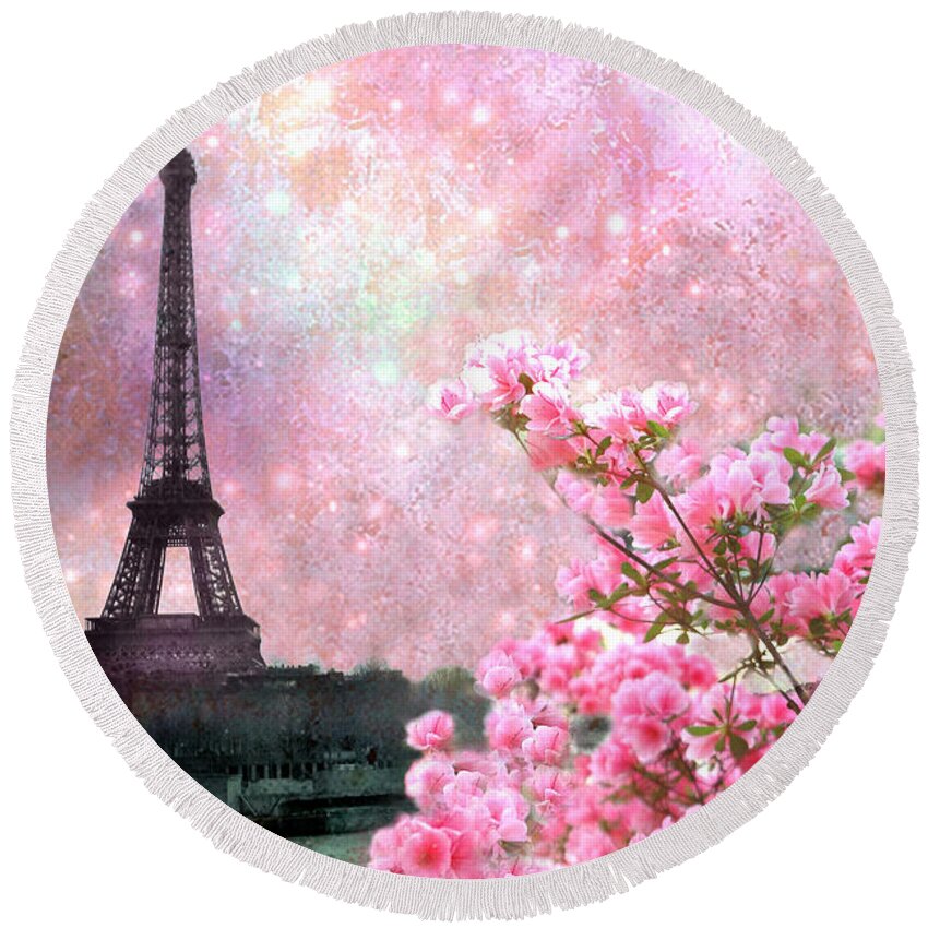 Paris Round Beach Towel featuring the photograph Paris Eiffel Tower Cherry Blossoms - Paris Spring Eiffel Tower Pink Cherry Blossoms by Kathy Fornal