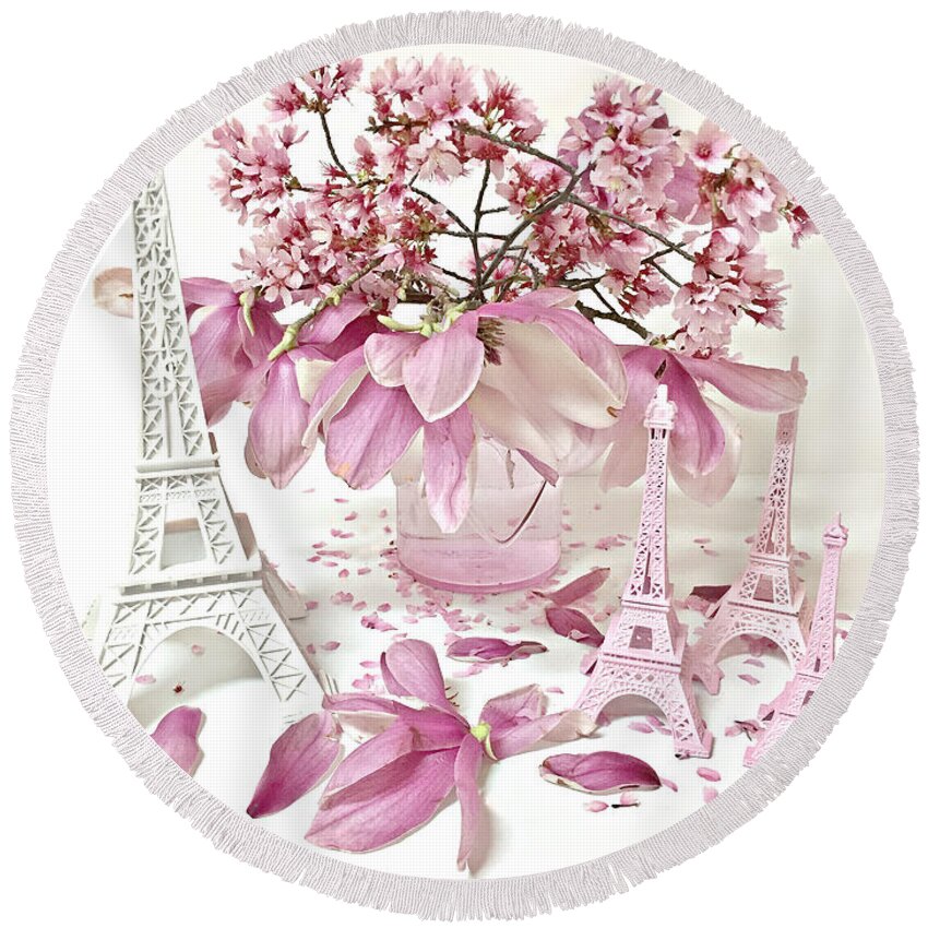 Paris Round Beach Towel featuring the photograph Paris Eiffel Tower Spring Magnolia Flower Blossoms - Paris Pink White Spring Blossoms by Kathy Fornal
