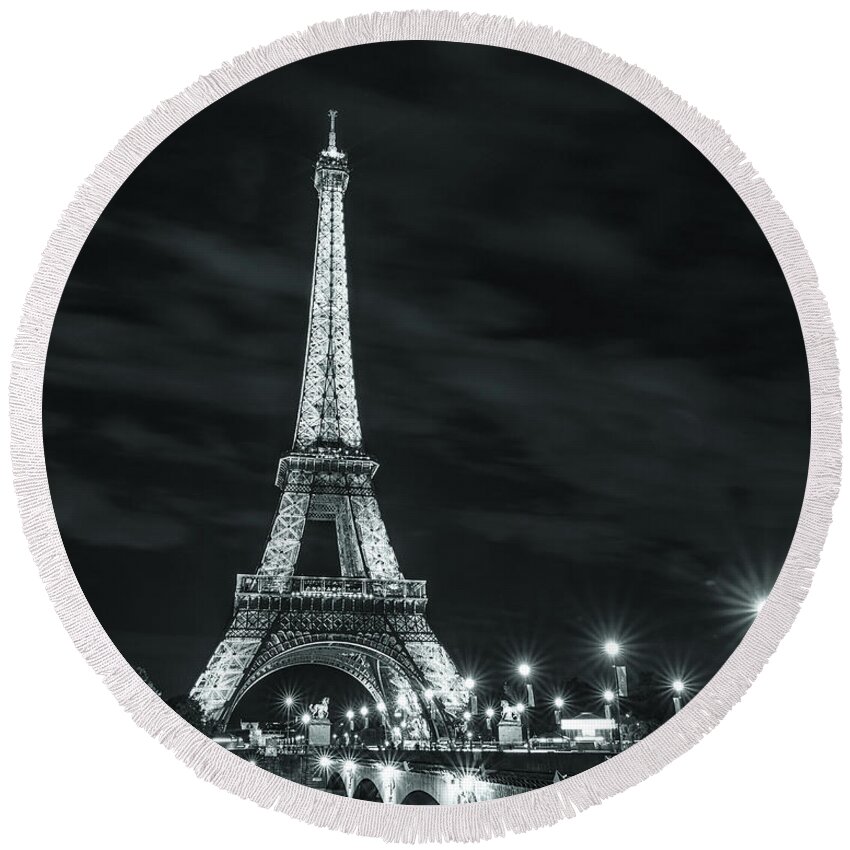 Eiffel Tower Round Beach Towel featuring the photograph Paris Lights at Night Black and White by Alissa Beth Photography