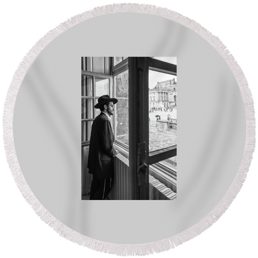 Alone Round Beach Towel featuring the photograph Paris Man in Museum by Louis Dallara