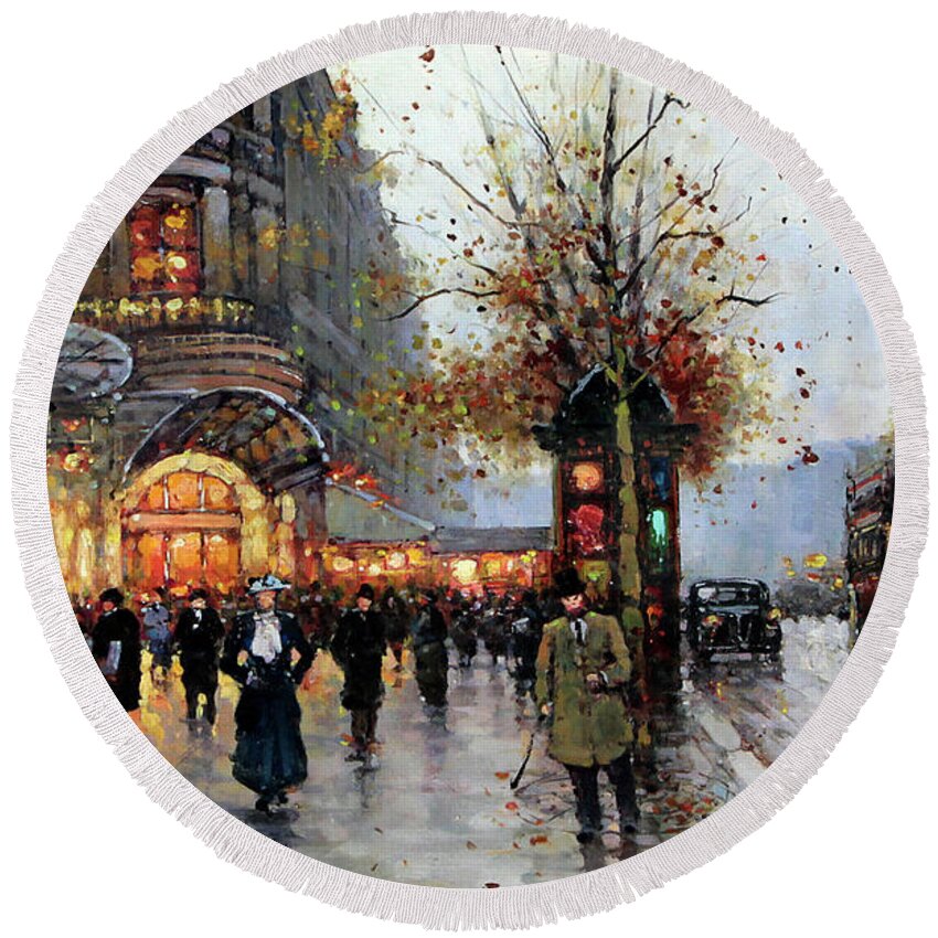 Edouard Cortes Round Beach Towel featuring the painting Paris street scene by Celestial Images