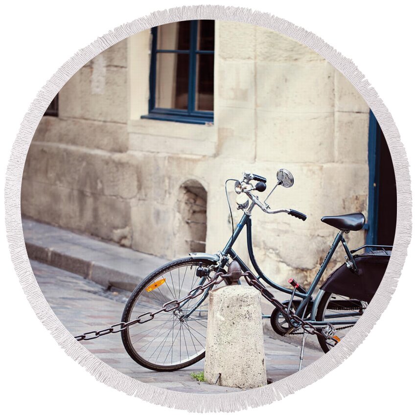 Bicycle Round Beach Towel featuring the photograph Parked in Paris - Bicycle Photography by Melanie Alexandra Price