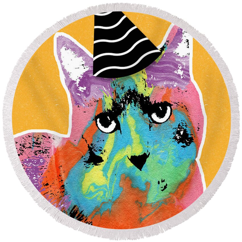 Cat Round Beach Towel featuring the mixed media Party Cat- Art by Linda Woods by Linda Woods