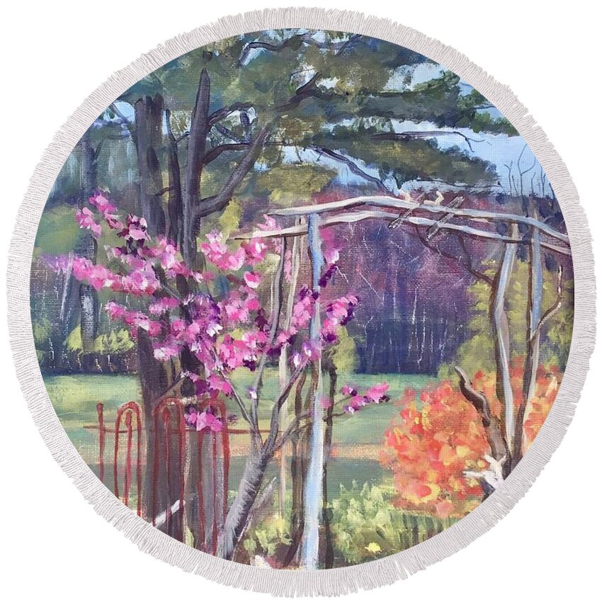  Round Beach Towel featuring the painting Party on The Patio by Manuela Woolsey