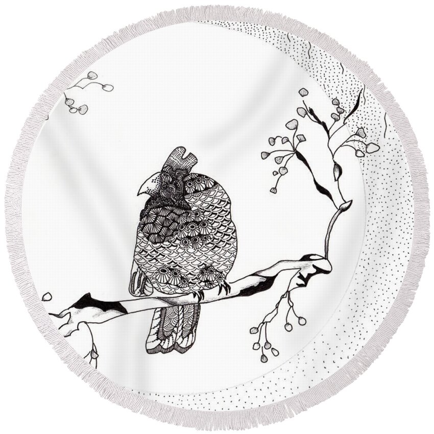 Cardinal Round Beach Towel featuring the drawing Party Time in Birdville by Jan Steinle