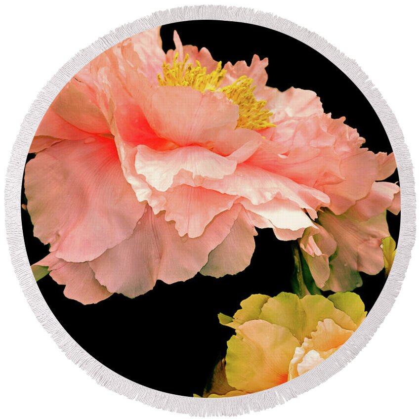 Peony Fantasies Round Beach Towel featuring the mixed media Pas de Deux Peonies With Yellow by Lynda Lehmann