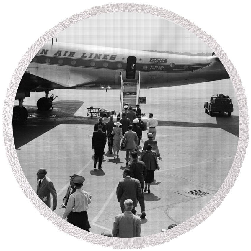 1940s Round Beach Towel featuring the photograph Passengers Boarding A Plane by H. Armstrong Roberts/ClassicStock