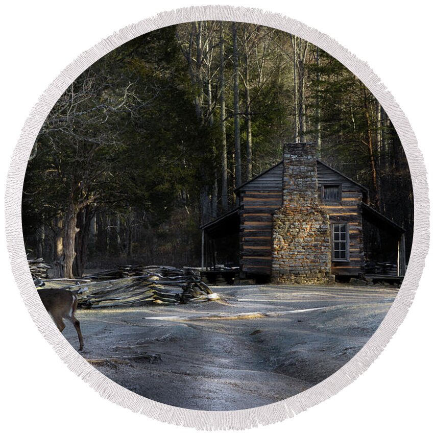 The John Oliver Cabin In Cades Cove In The Smoky Mountains Round Beach Towel featuring the photograph Passing By by Mike Eingle