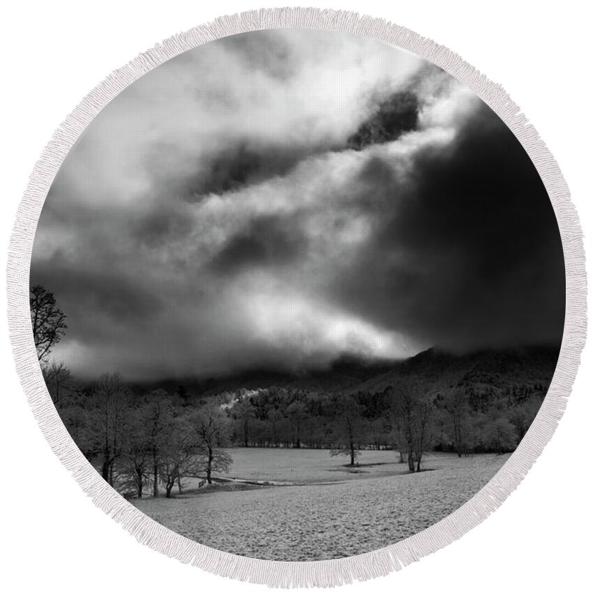 Snow Round Beach Towel featuring the photograph Passing Snow In North Carolina in Black and White by Greg and Chrystal Mimbs