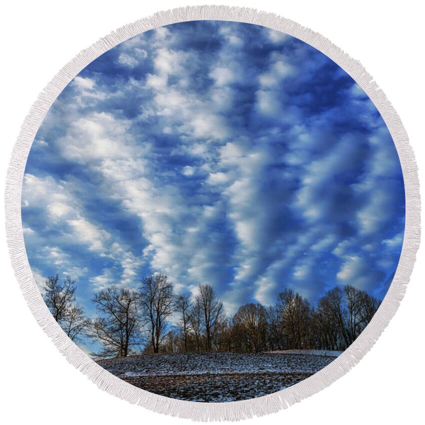 Pasture Field Round Beach Towel featuring the photograph Pasture Field and Winter Sky by Thomas R Fletcher