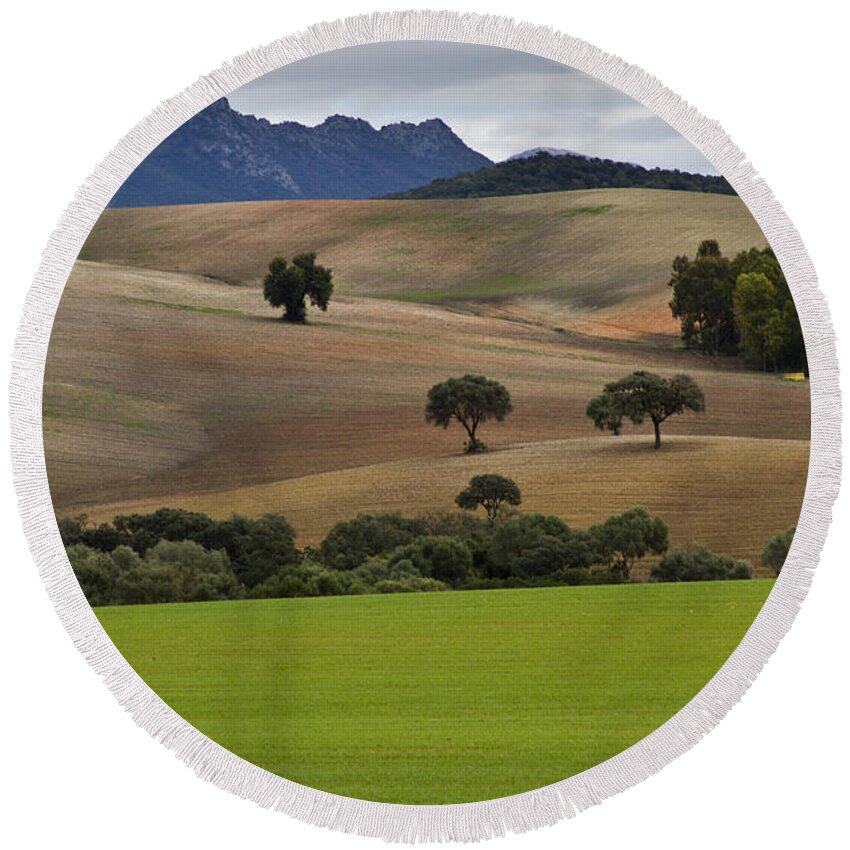 Landscape Round Beach Towel featuring the photograph Pasture Land in Analusia by Heiko Koehrer-Wagner