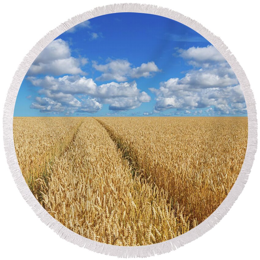 Agricultural Round Beach Towel featuring the photograph Path in a golden wheat field by GoodMood Art