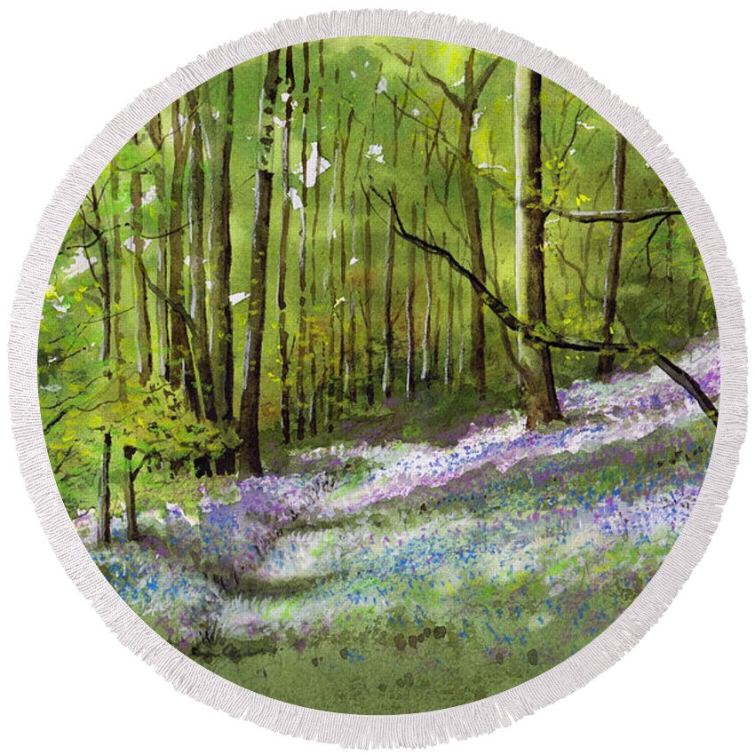 Bluebell Round Beach Towel featuring the painting Path through bluebell wood by Paul Dene Marlor