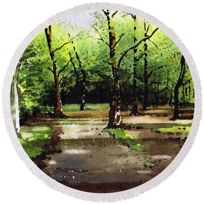 Woods Round Beach Towel featuring the painting Path Through Judy Woods by Paul Dene Marlor