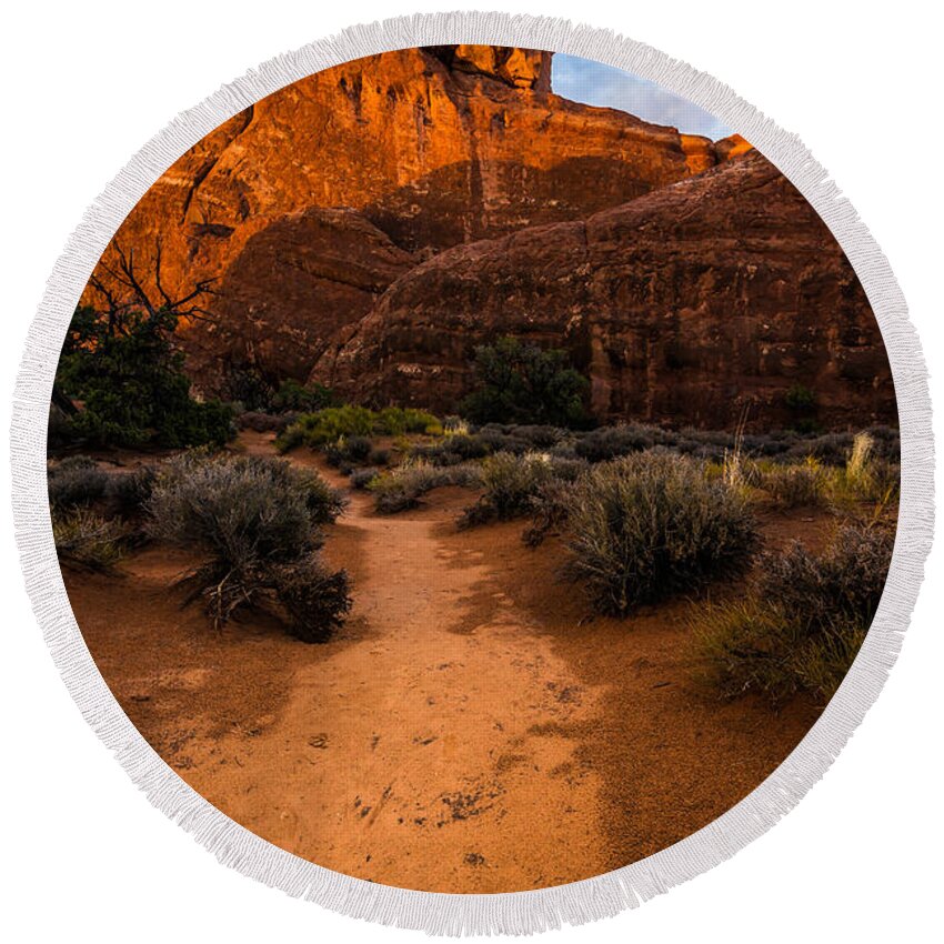 Utah Round Beach Towel featuring the photograph Path to Skyline Arch at Sunset - Utah by Gary Whitton