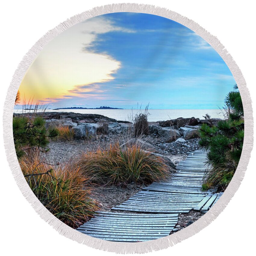 Preston Round Beach Towel featuring the photograph Path to the beach Preston Beach Marblehead Massachusetts Sunrise by Toby McGuire