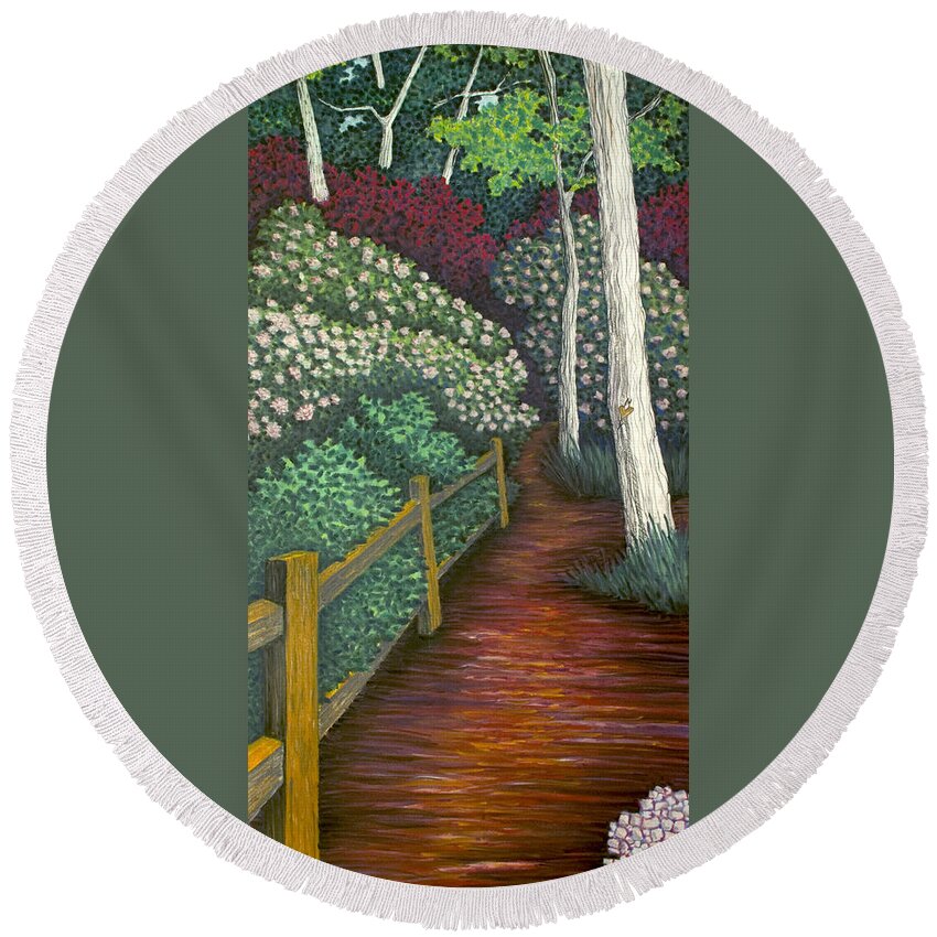 Pathway Round Beach Towel featuring the pastel Pathway Home through Mountain Laurel Blooms by Michele Fritz