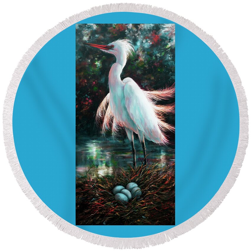 Birds Round Beach Towel featuring the painting Patiently Waiting by Lynne Pittard
