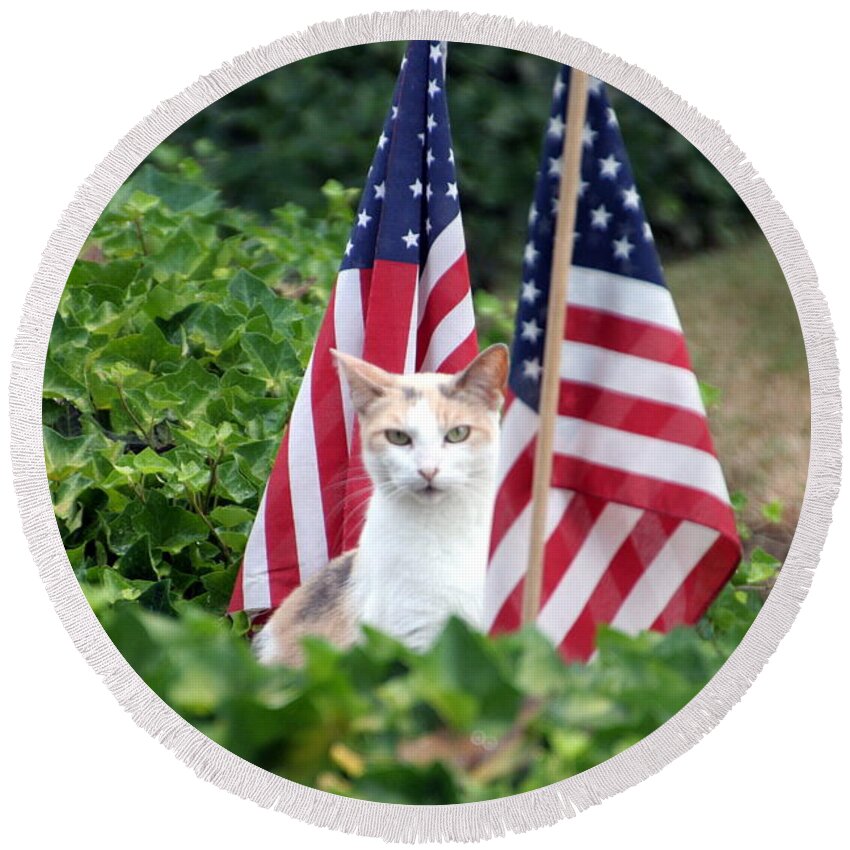 White Cat With Sandy-colored Spots Round Beach Towel featuring the photograph Patriotic Cat by Valerie Collins