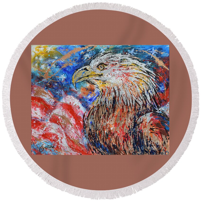 Patriotic Round Beach Towel featuring the painting Patriotic Eagle by Jyotika Shroff
