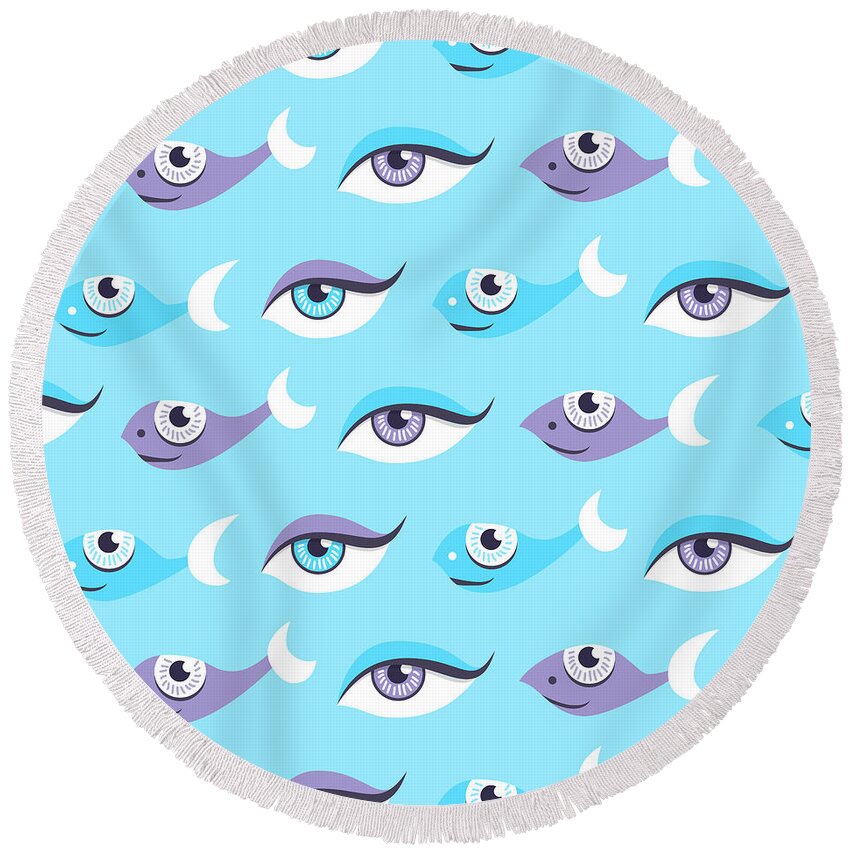 Fish Round Beach Towel featuring the digital art Pattern of blue eyes and fish in sea by Boriana Giormova