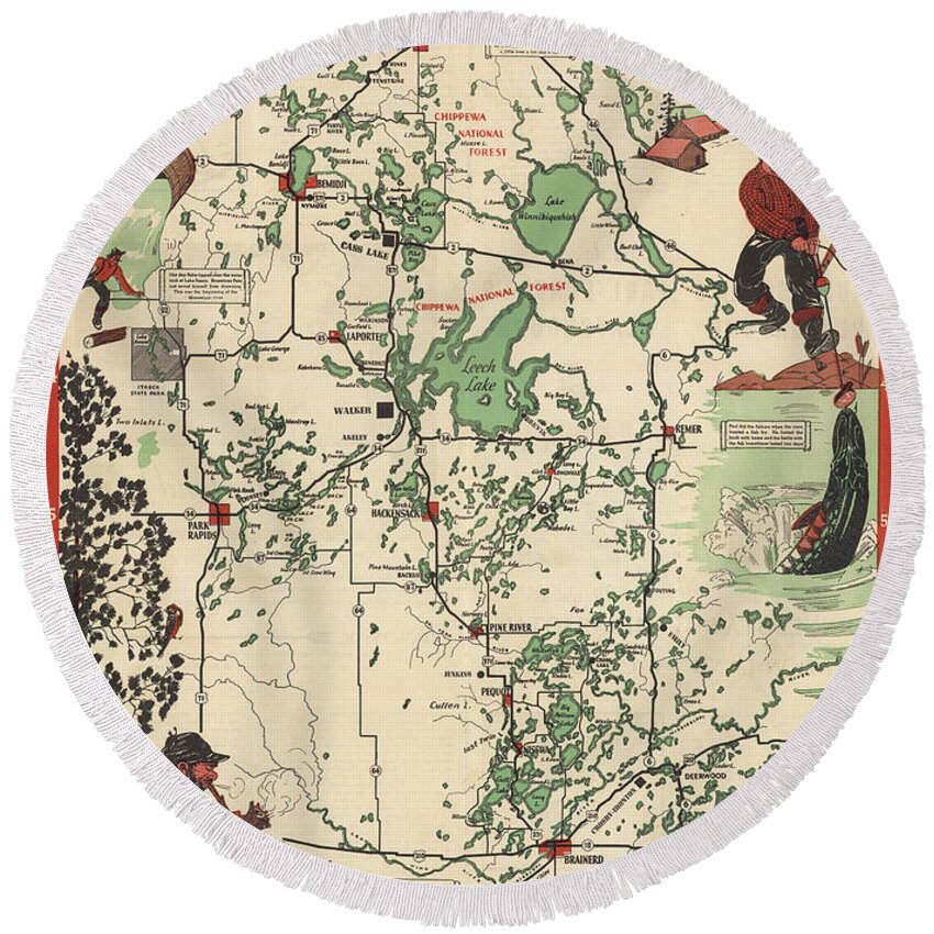 Northern Minnesota Round Beach Towel featuring the mixed media Paul Bunyan's Playground - Northern Minnesota - Vintage Illustrated Map - Cartography by Studio Grafiikka