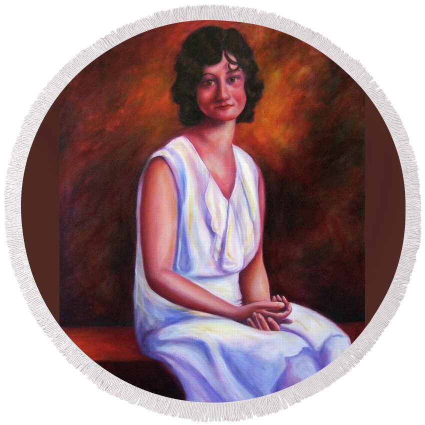 Woman Round Beach Towel featuring the painting Pauline by Shannon Grissom