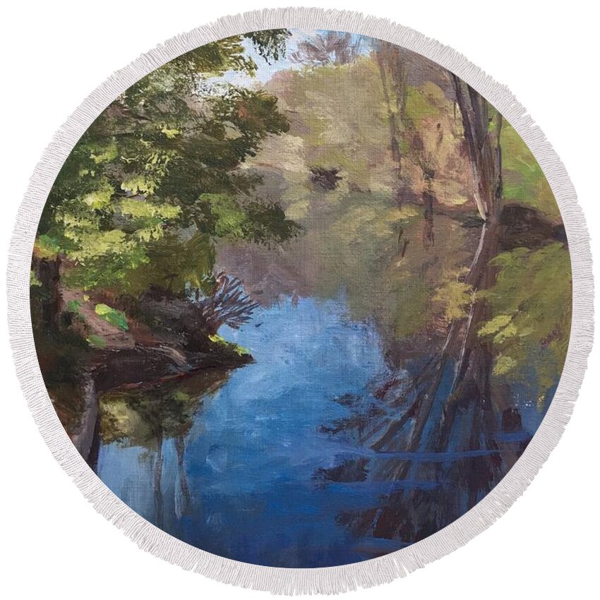 Pawtucket Canal Round Beach Towel featuring the painting Pawtucket Canal by Claire Gagnon