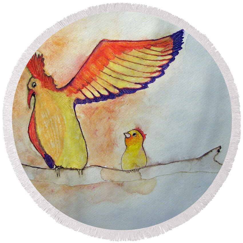 Birds Round Beach Towel featuring the painting Pay Attention Kid by Patricia Arroyo