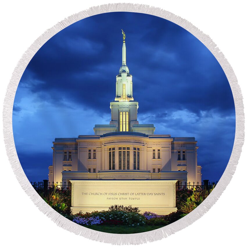 Mormon Round Beach Towel featuring the photograph Payson Temple at Dusk by K Bradley Washburn