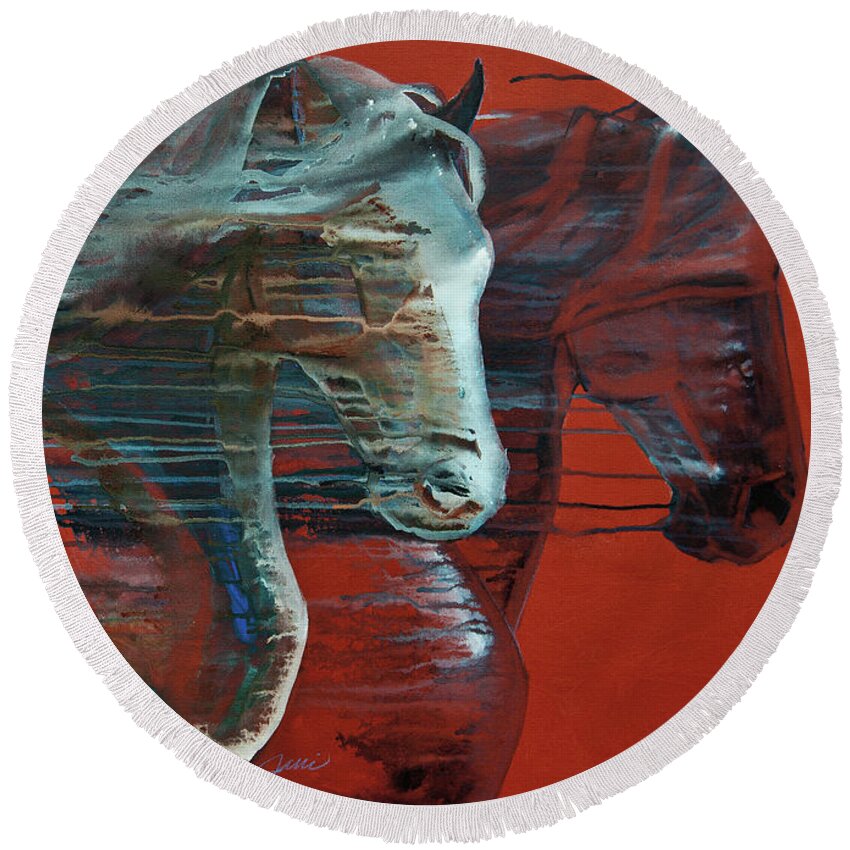 Horse Round Beach Towel featuring the painting Peace And Justice by Jani Freimann