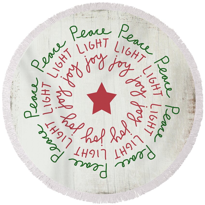 Peace Round Beach Towel featuring the mixed media Peace Light Joy Wreath- Art by Linda Woods by Linda Woods