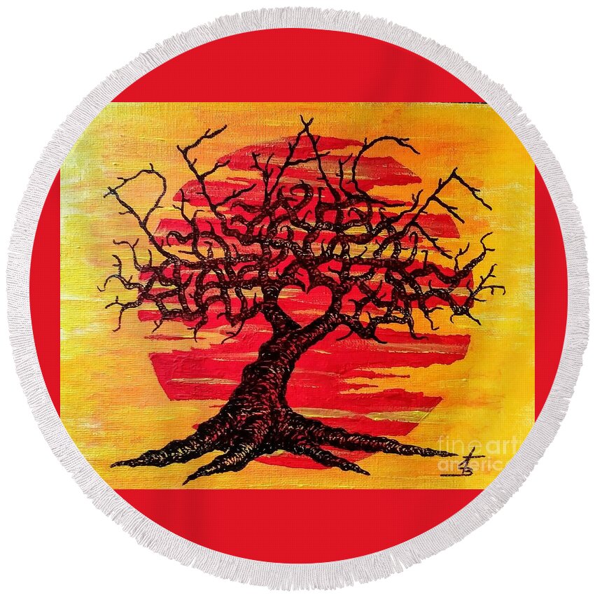 Peace Round Beach Towel featuring the drawing Peace Love Tree by Aaron Bombalicki