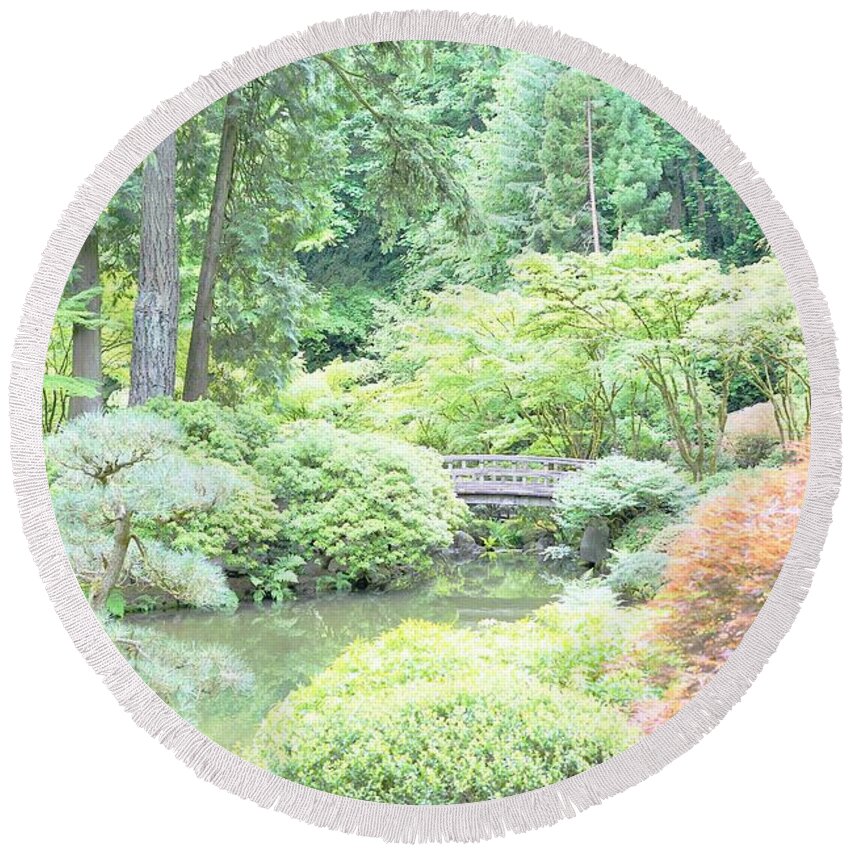 Gardens Round Beach Towel featuring the photograph Peaceful garden space by Merle Grenz