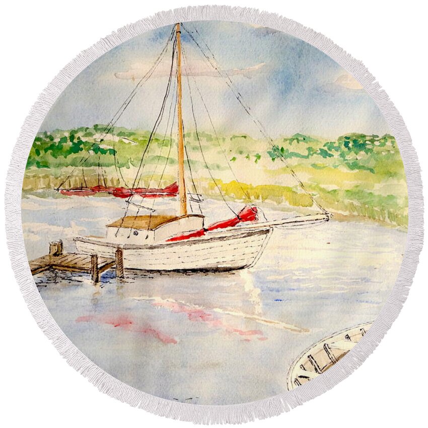 Boats Round Beach Towel featuring the painting Peaceful Harbor by Marilyn Zalatan