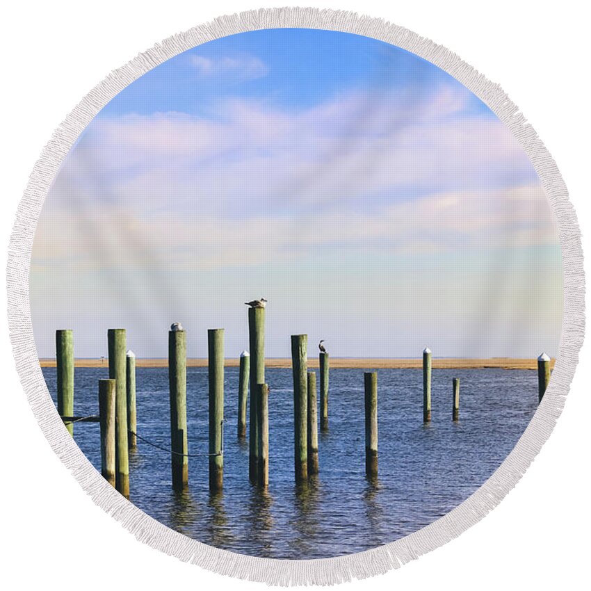 Old Pilings Round Beach Towel featuring the photograph Peaceful Tranquility by Colleen Kammerer