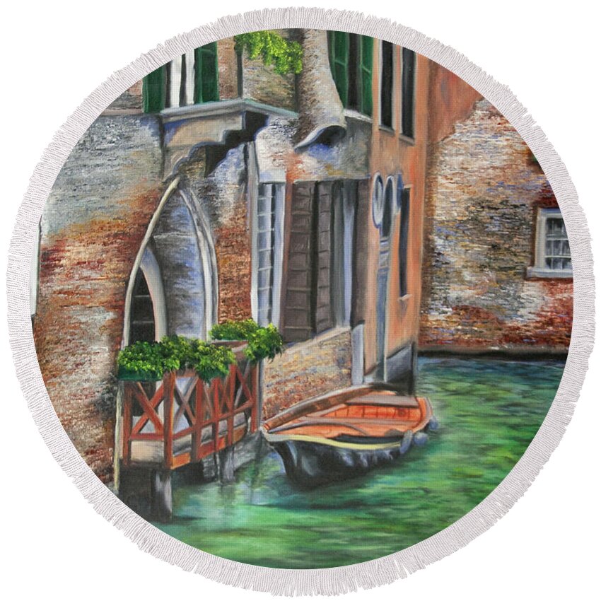 Venice Paintings Round Beach Towel featuring the painting Peaceful Venice Canal by Charlotte Blanchard
