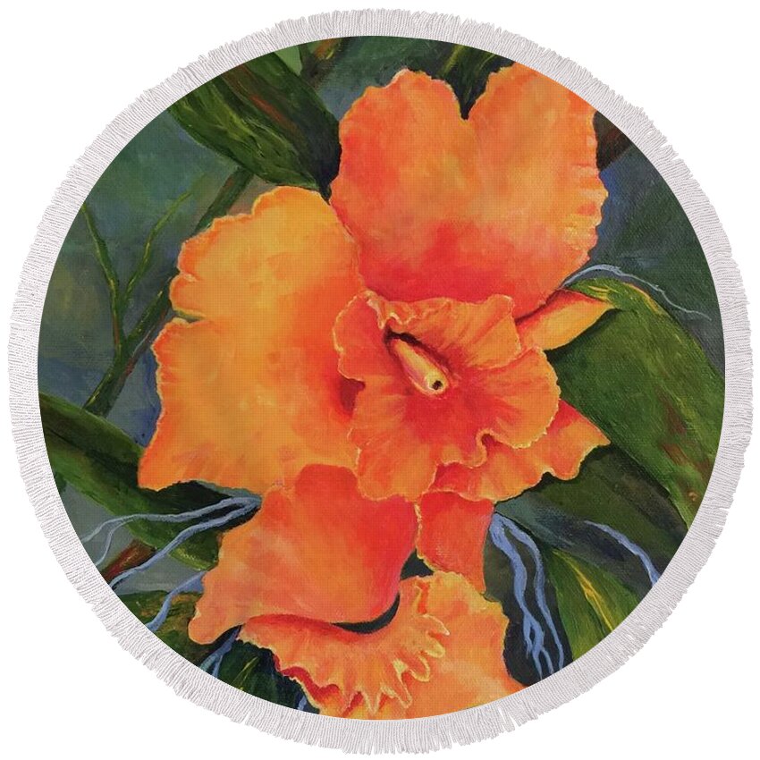 Orchid Round Beach Towel featuring the painting Peach Blush Orchid by Jane Ricker