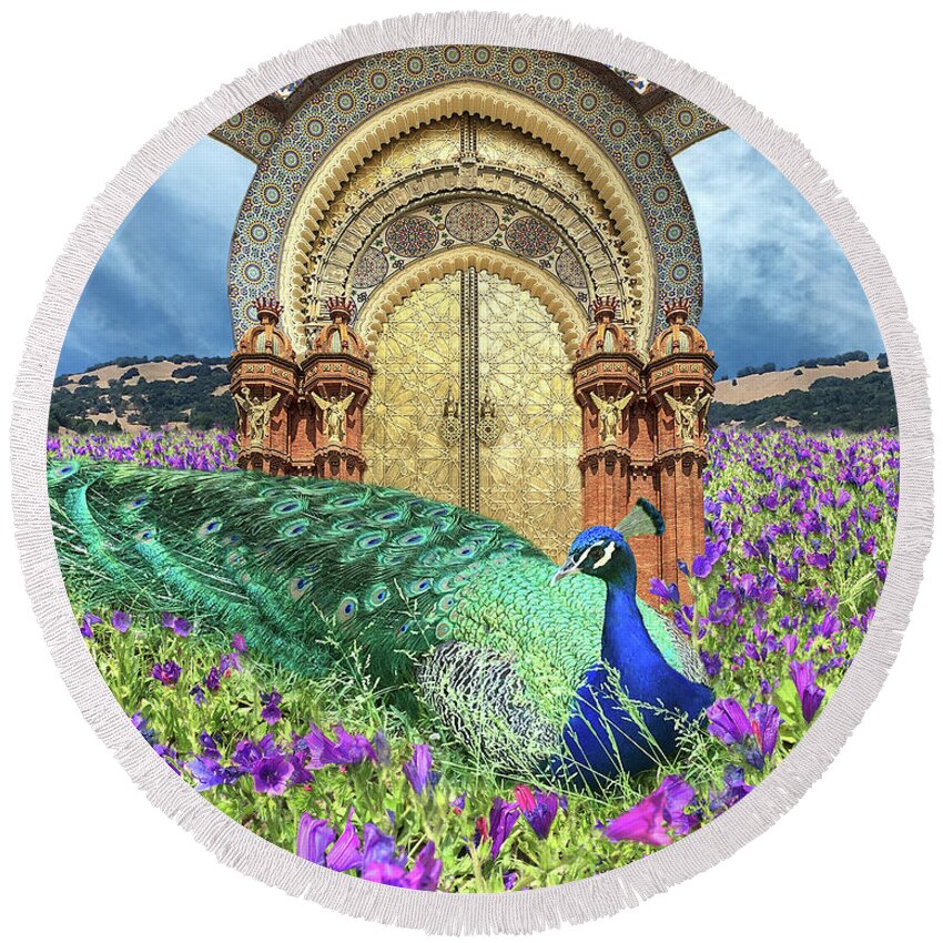 Peacock Round Beach Towel featuring the digital art Peacock Gate by Lucy Arnold