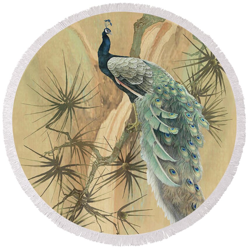 Peacock Round Beach Towel featuring the digital art Peacock In The Pines by M Spadecaller