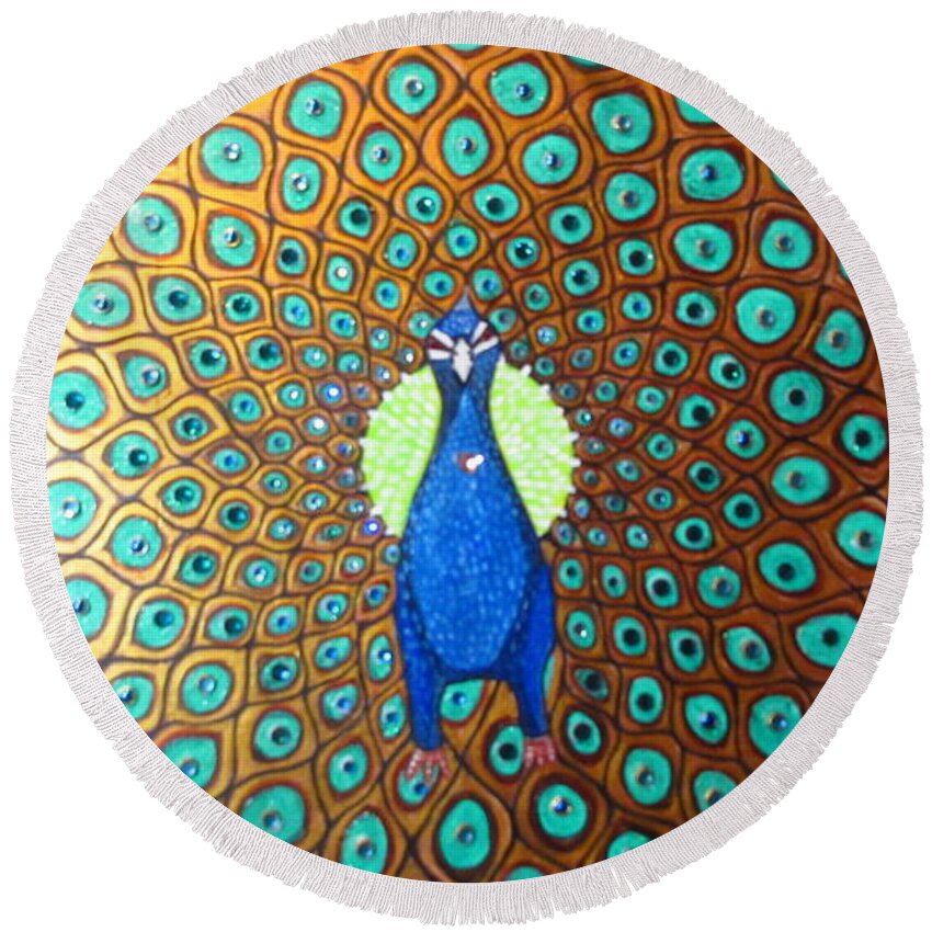  Round Beach Towel featuring the painting Peacock by Patricia Arroyo
