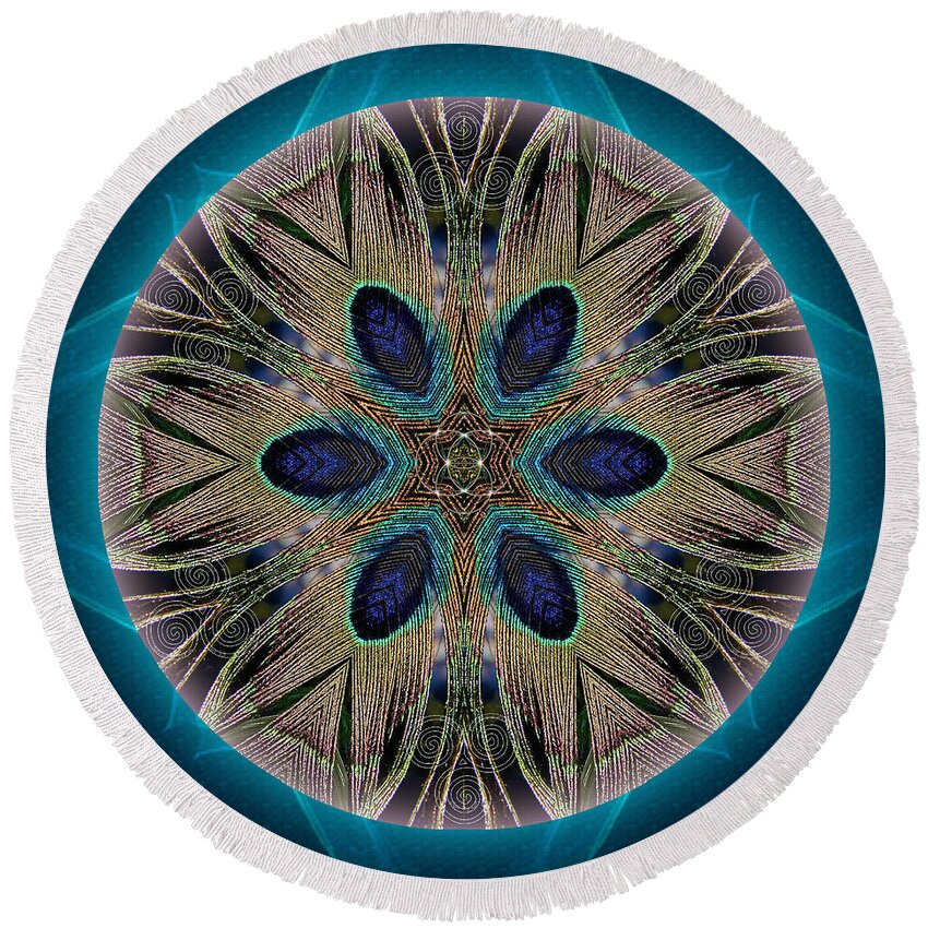 Mandala Round Beach Towel featuring the mixed media Peacock Power by Alicia Kent