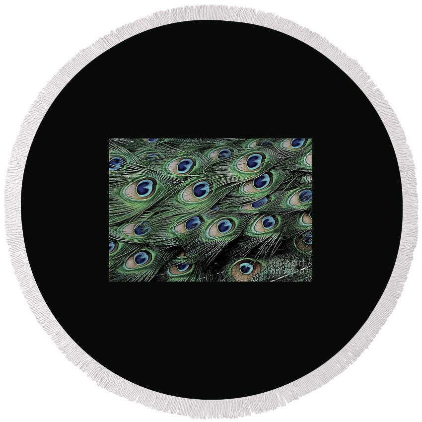 Feather Round Beach Towel featuring the photograph Peacock Tail Feathers by Jean Wright