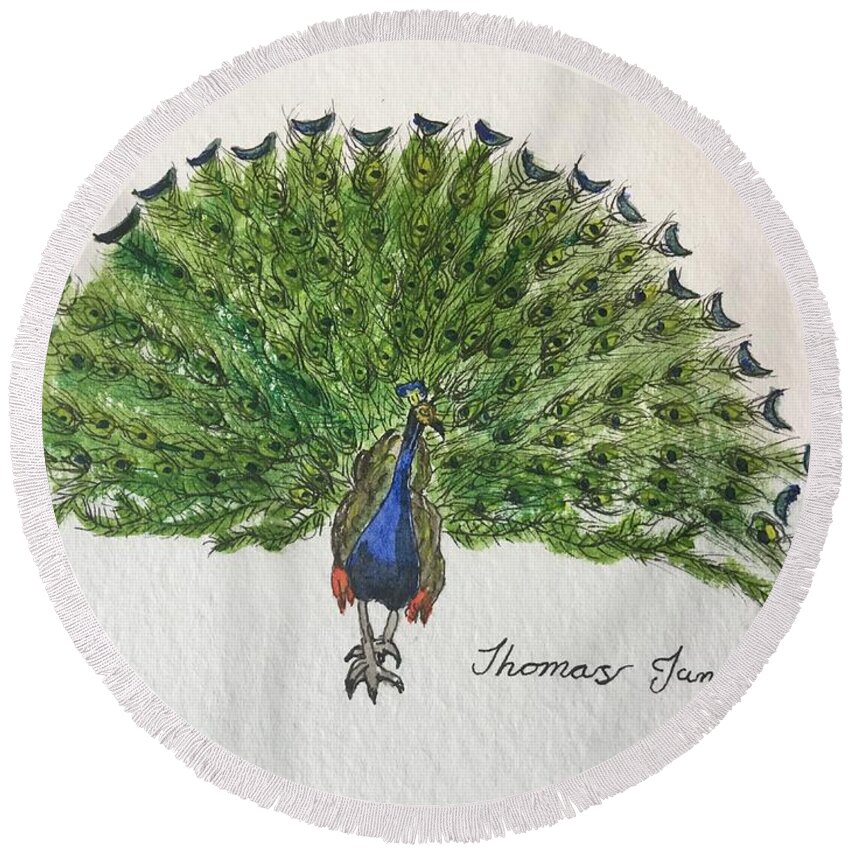 Peacock Round Beach Towel featuring the painting Peacock by Thomas Janos
