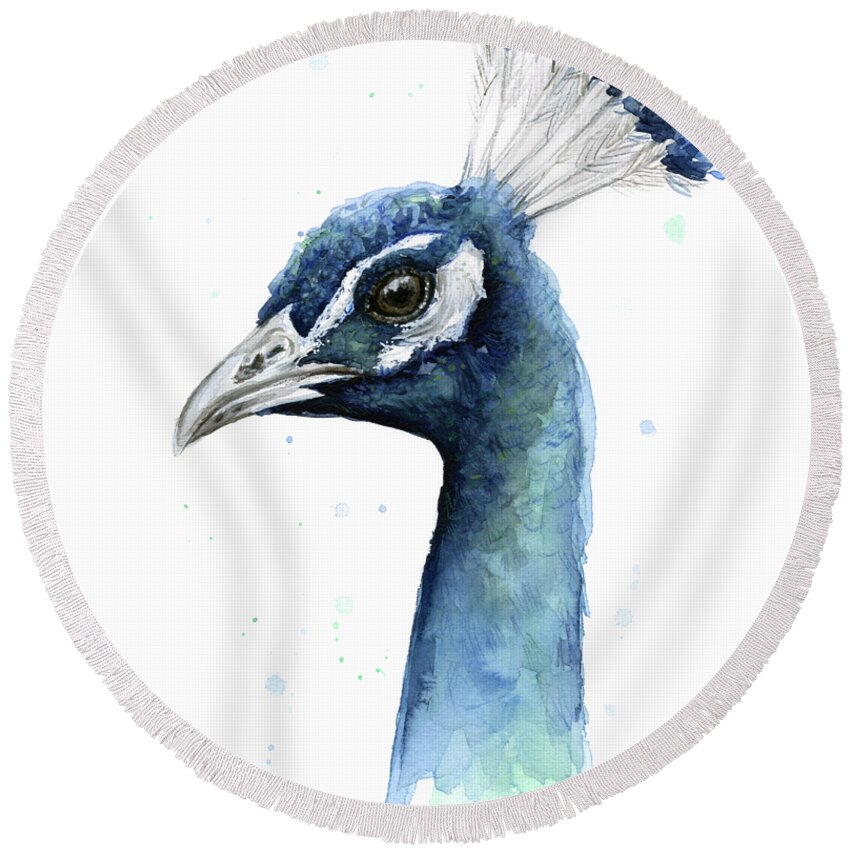 Watercolor Peacock Round Beach Towel featuring the painting Peacock Watercolor by Olga Shvartsur