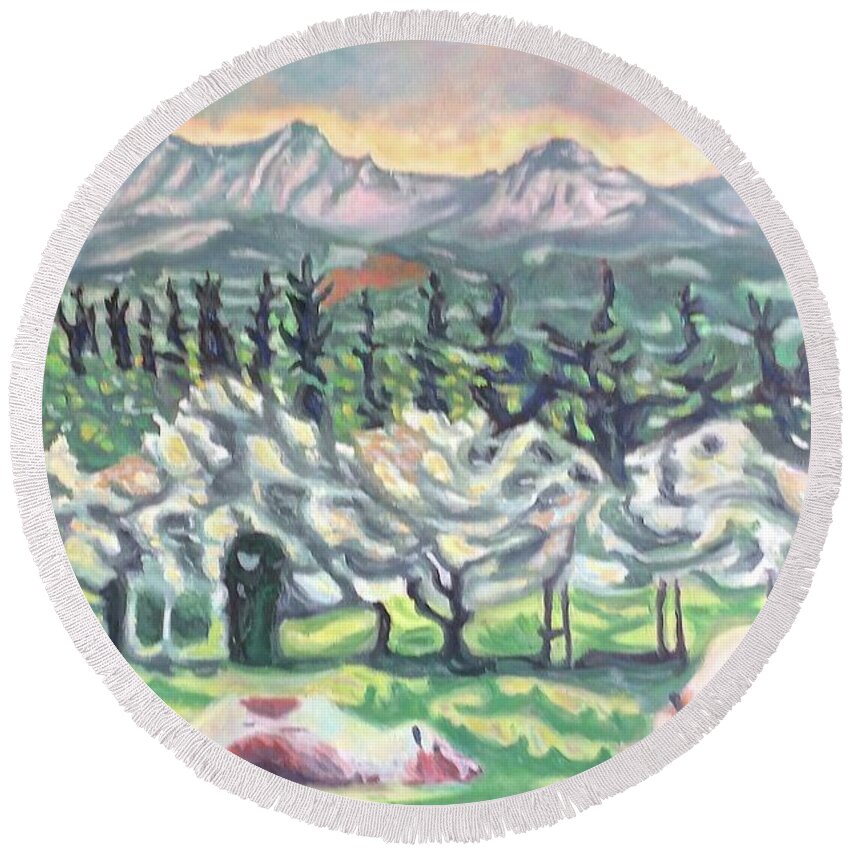 Landscape Round Beach Towel featuring the painting Pear Trees by Enrique Ojembarrena